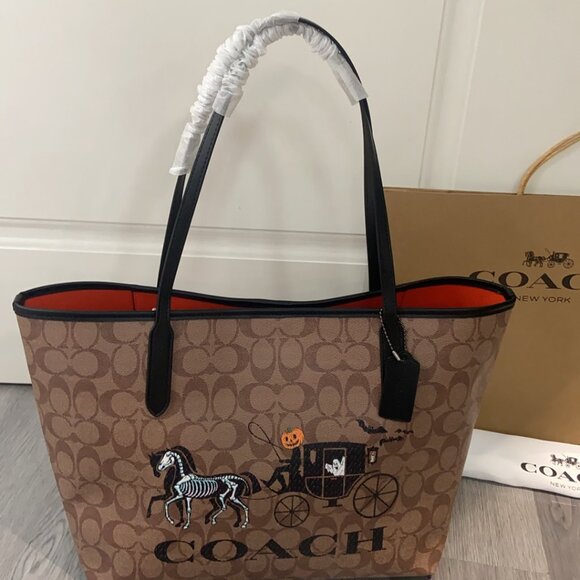 Coach City Tote In Signature Canvas With Halloween Horse And Carriage - Picture 1 of 7